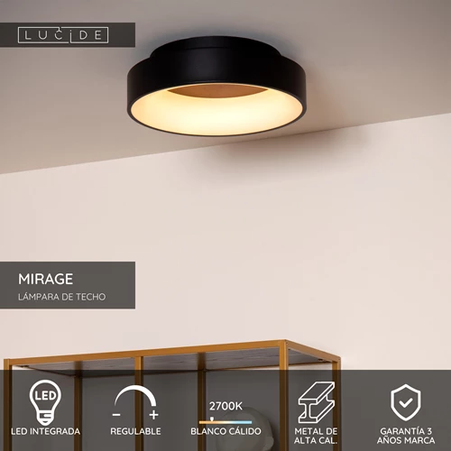 Lucide MIRAGE - Lámpara de techo - Ø 38 cm - LED Regul. - 1x22W 2700K - Negro - USP